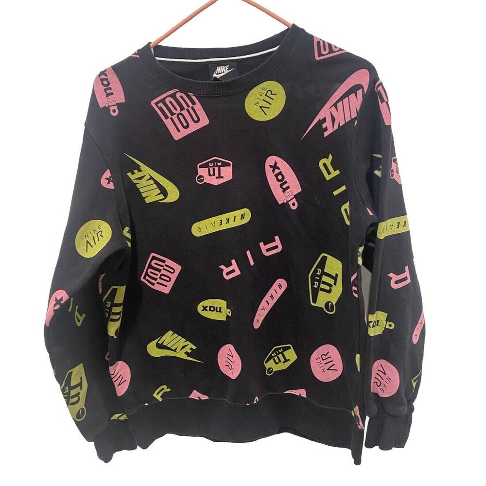 Nike Air Max Sweatshirt Womens Small Black Crew AOP All Over Print Logo Fleece
